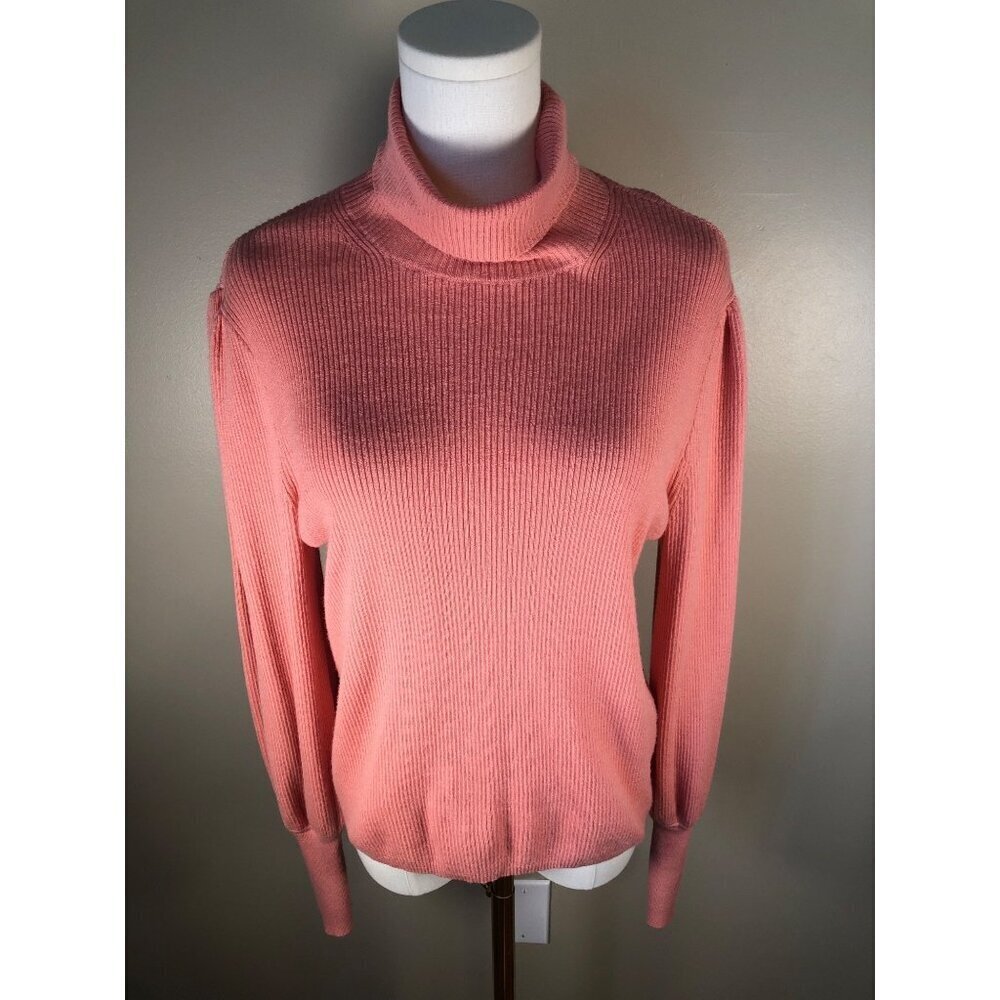 J Crew 100% Merino Wool Balloon Sleeve Coral Turtleneck Sweater Size L